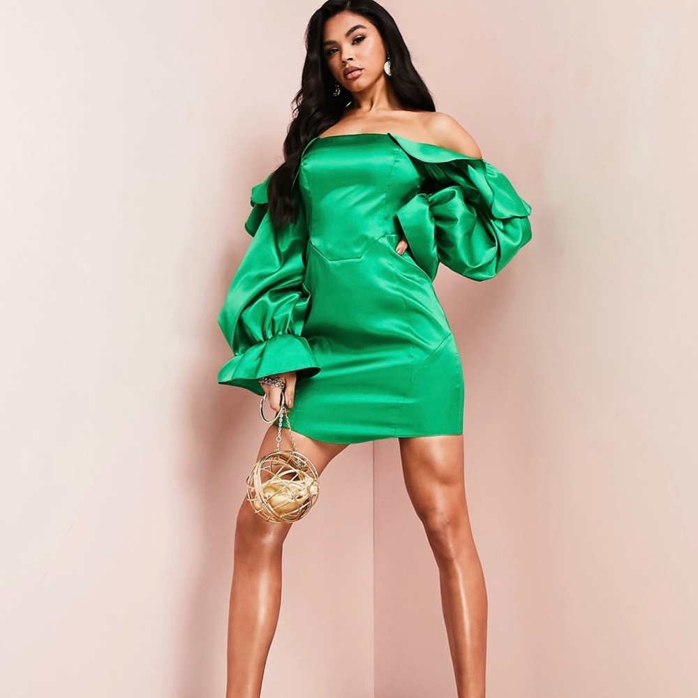 ASOS LUXE satin bardot bodycon dress with puff sleeves in bright green